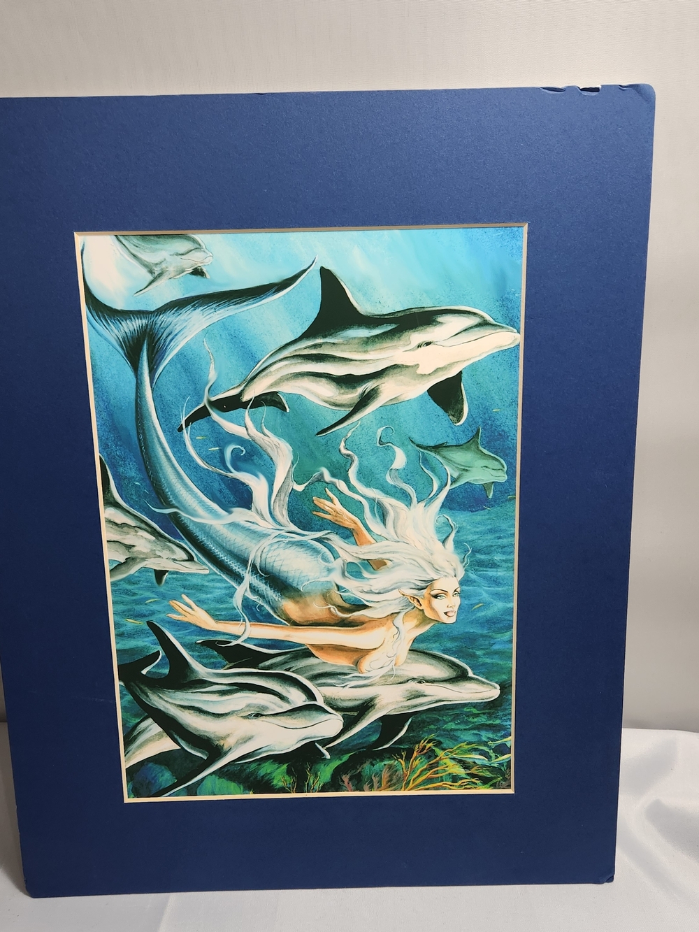 Blue Mermaid and Dolphins Wall Art Print by Ruth Thompson